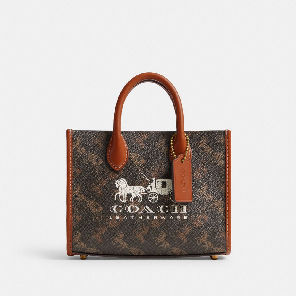 COACH®,ACE TOTE BAG 17 WITH HORSE AND CARRIAGE PRINT,Small,Brass/Truffle Burnished Amber,Front View