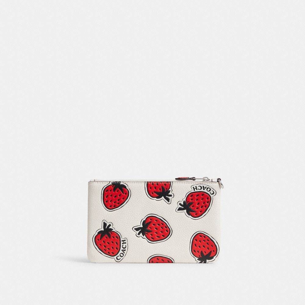 COACH®,SMALL WRISTLET WITH STRAWBERRY PRINT,Polished Pebble Leather,Silver/Chalk Multi,Back View