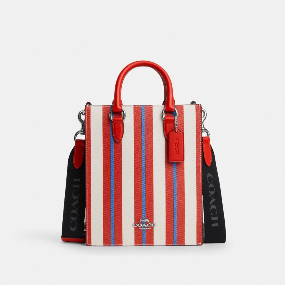 COACH®,DYLAN TOTE BAG WITH STRIPE PRINT,Novelty Print,Silver/Miami Red Multi,Front View
