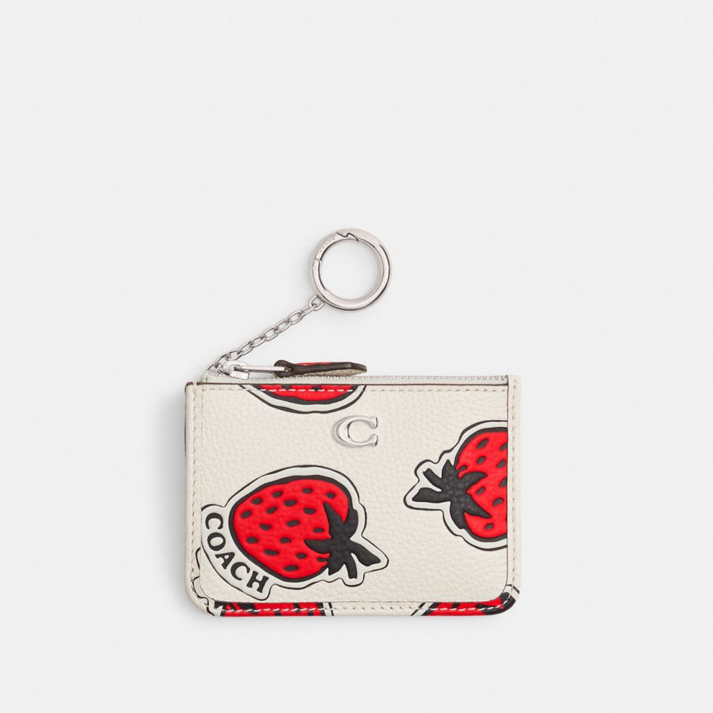 COACH®,MINI SKINNY ID CASE WITH STRAWBERRY PRINT,Polished Pebble Leather,Silver/Chalk Multi,Front View