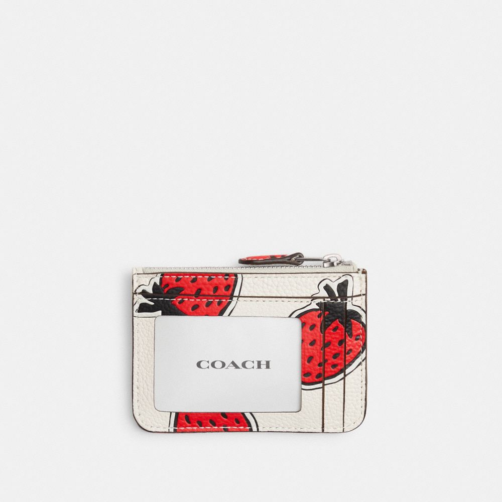 COACH®,MINI SKINNY ID CASE WITH STRAWBERRY PRINT,Polished Pebble Leather,Silver/Chalk Multi,Back View