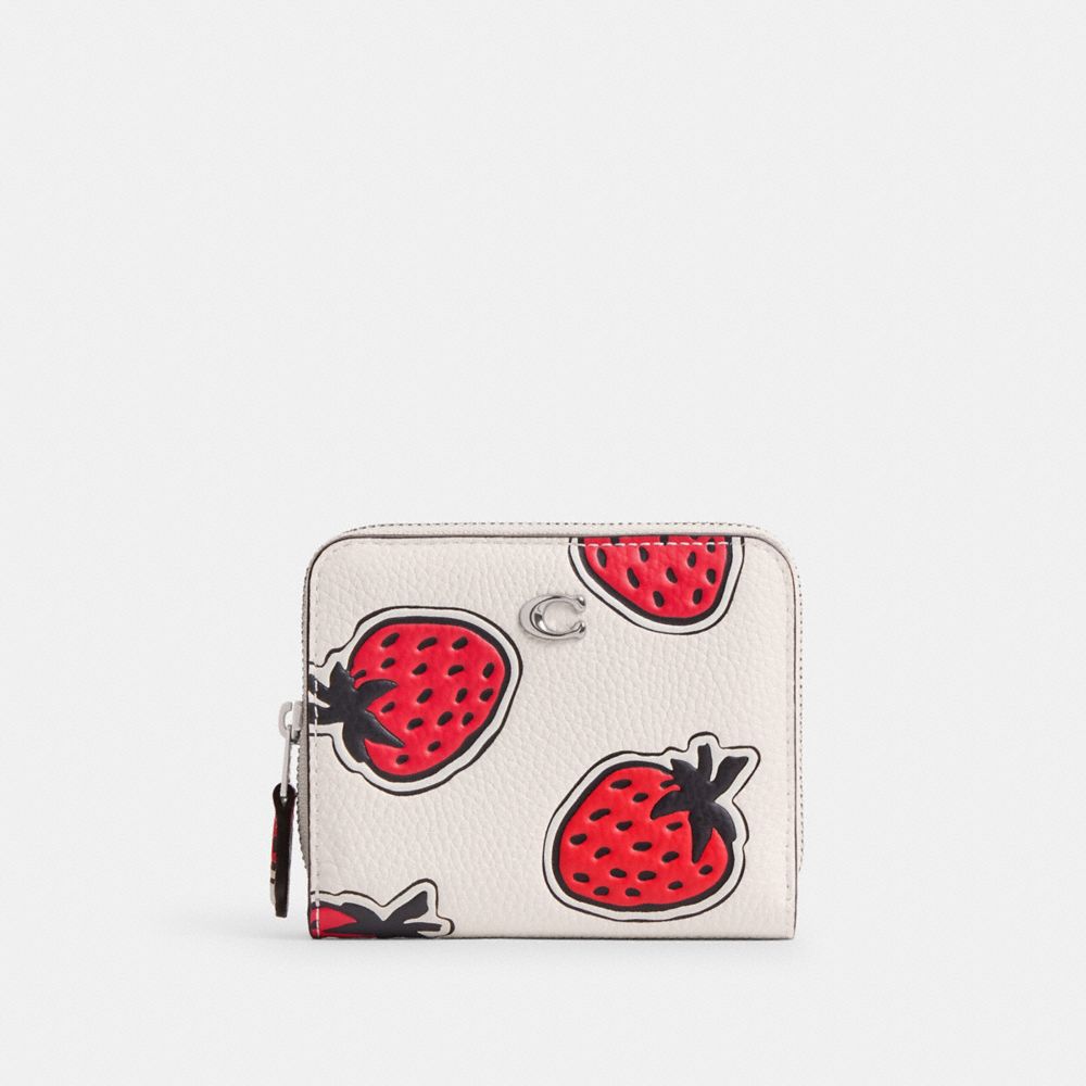 COACH®,BILLFOLD WALLET WITH STRAWBERRY PRINT,Polished Pebble Leather,Silver/Chalk Multi,Front View