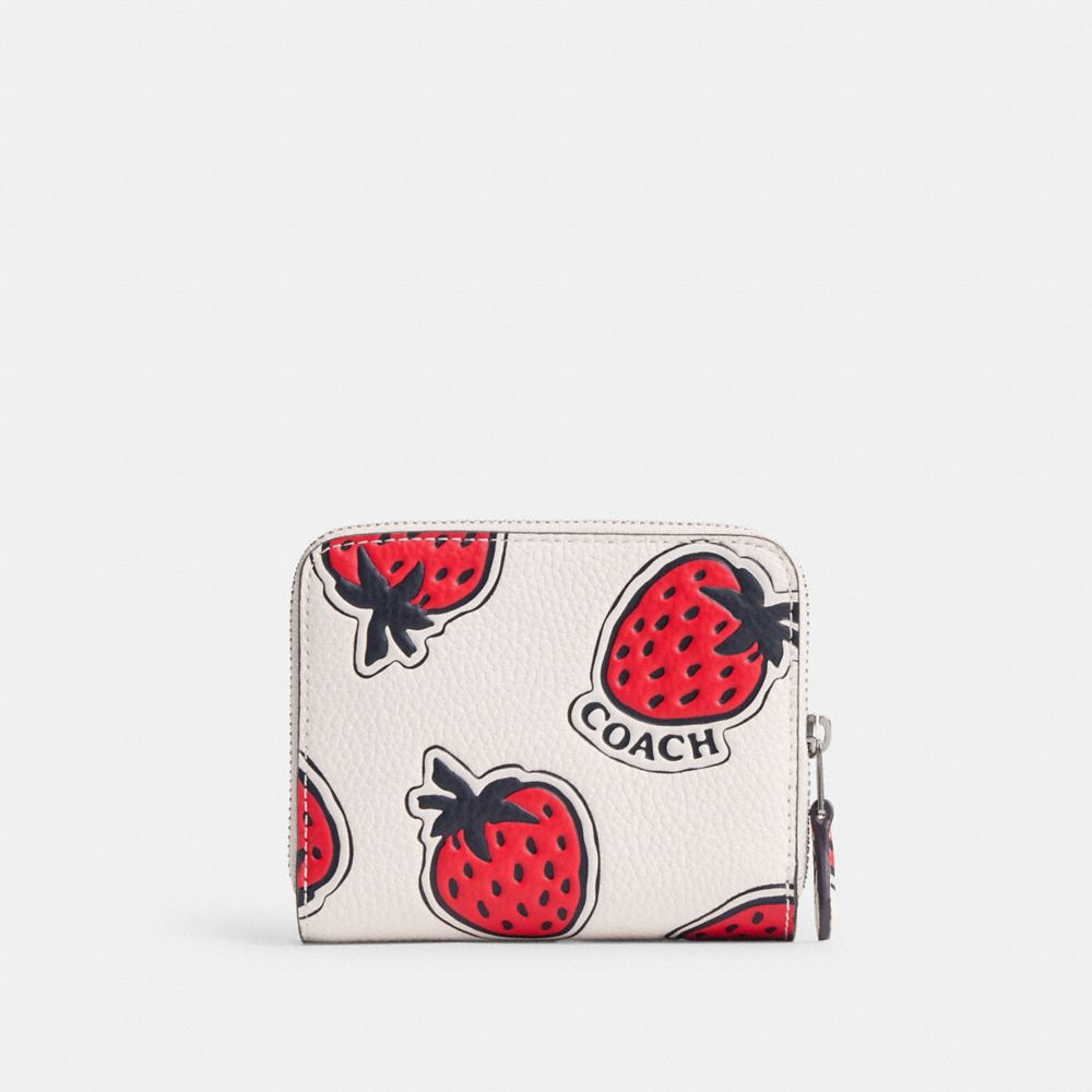 COACH®,BILLFOLD WALLET WITH STRAWBERRY PRINT,Polished Pebble Leather,Mini,Silver/Chalk Multi,Back View