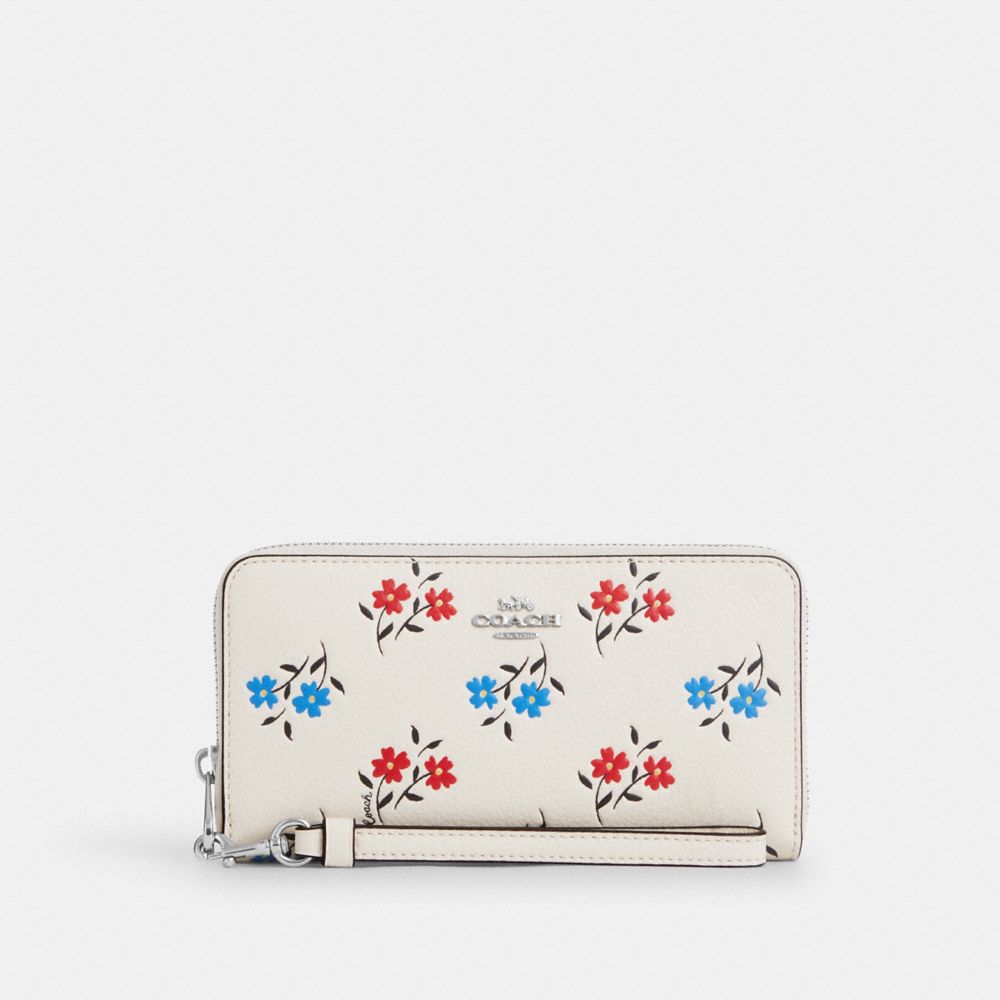 COACH®,LONG ZIP AROUND WALLET WITH FLORAL PRINT,Novelty Leather,Mini,Silver/Chalk Multi,Front View