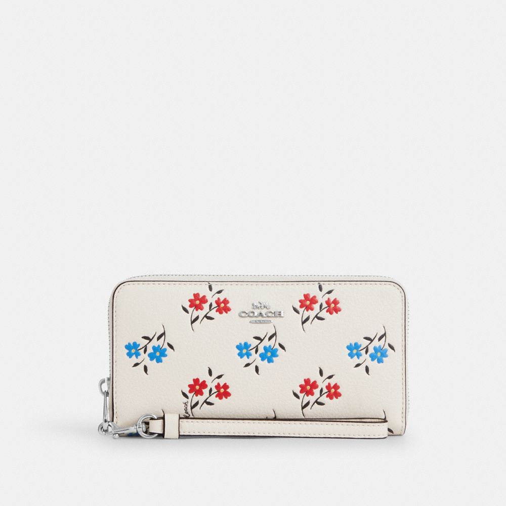 COACH®,PORTEFEUILLE LONG À ZIP-CONTOUR AVEC IMPRIMÉ FLORAL,Cuir,Argent/Craie multi,Front View