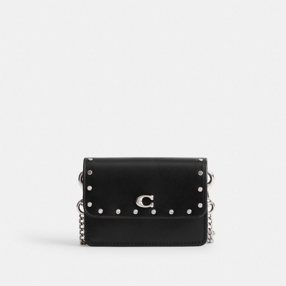 COACH®,ESSENTIAL HALF FLAP CARD CASE WITH RIVETS,Mini,Silver/Black,Front View