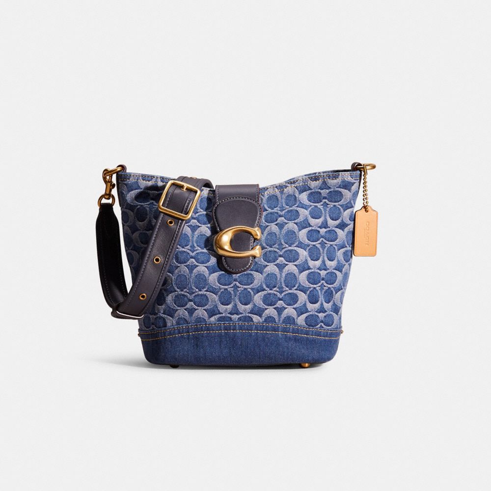 COACH®,Restored Tali Bucket Bag In Signature Denim,Blue,Front View