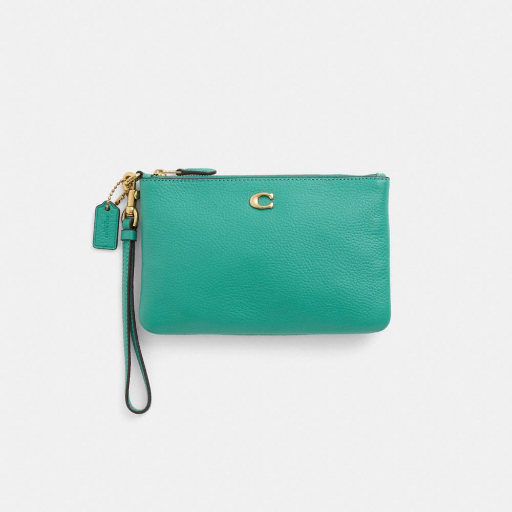 COACH®,Restored Small Wristlet,Leather,Pouch,Wristlet,Metal,Embossed,Logo,Sustainable,Casual,,Front View