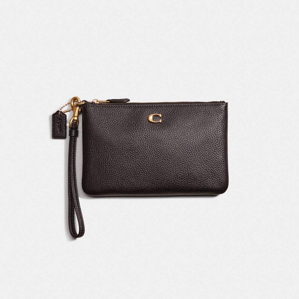 COACH®,RESTORED SMALL WRISTLET,Polished Pebble Leather,Brass/Black,Front View