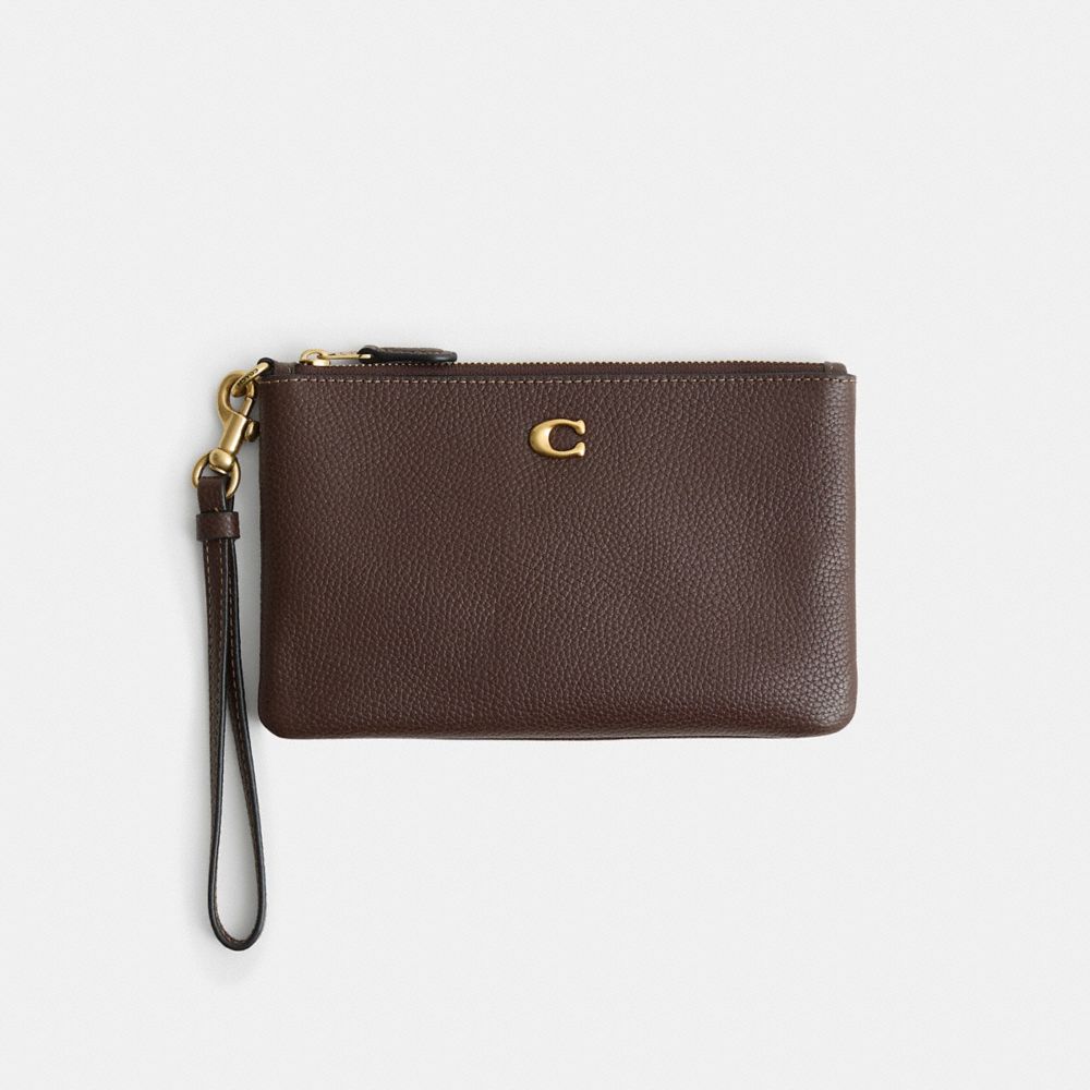 COACH®,Restored Small Wristlet,Leather,Pouch,Wristlet,Metal,Logo,Embossed,Sustainable,Casual,Brown,Front View