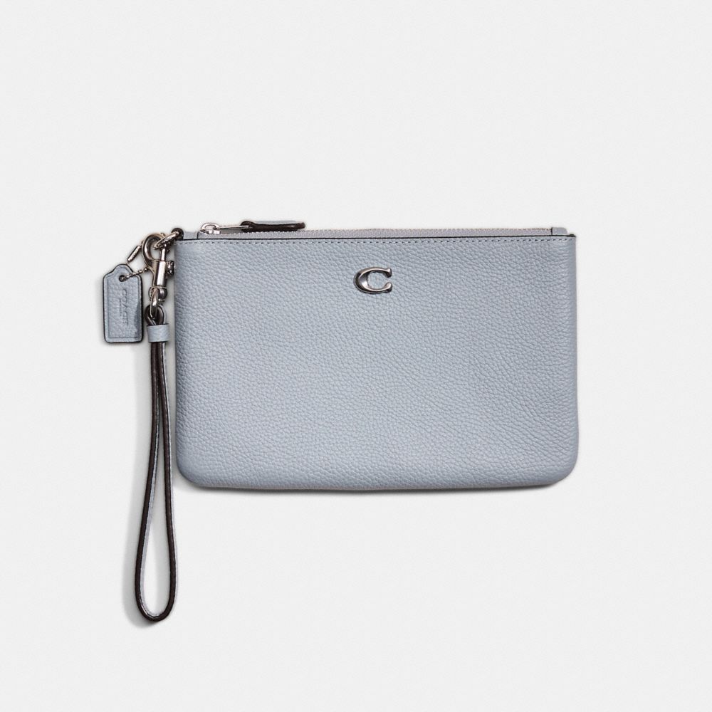 COACH®,RESTORED SMALL WRISTLET,Polished Pebble Leather,Silver/Grey Blue,Front View