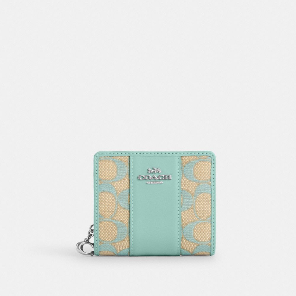COACH®,SNAP WALLET IN SIGNATURE JACQUARD,Non Leather,Mini,Sv/Faded Blue,Front View