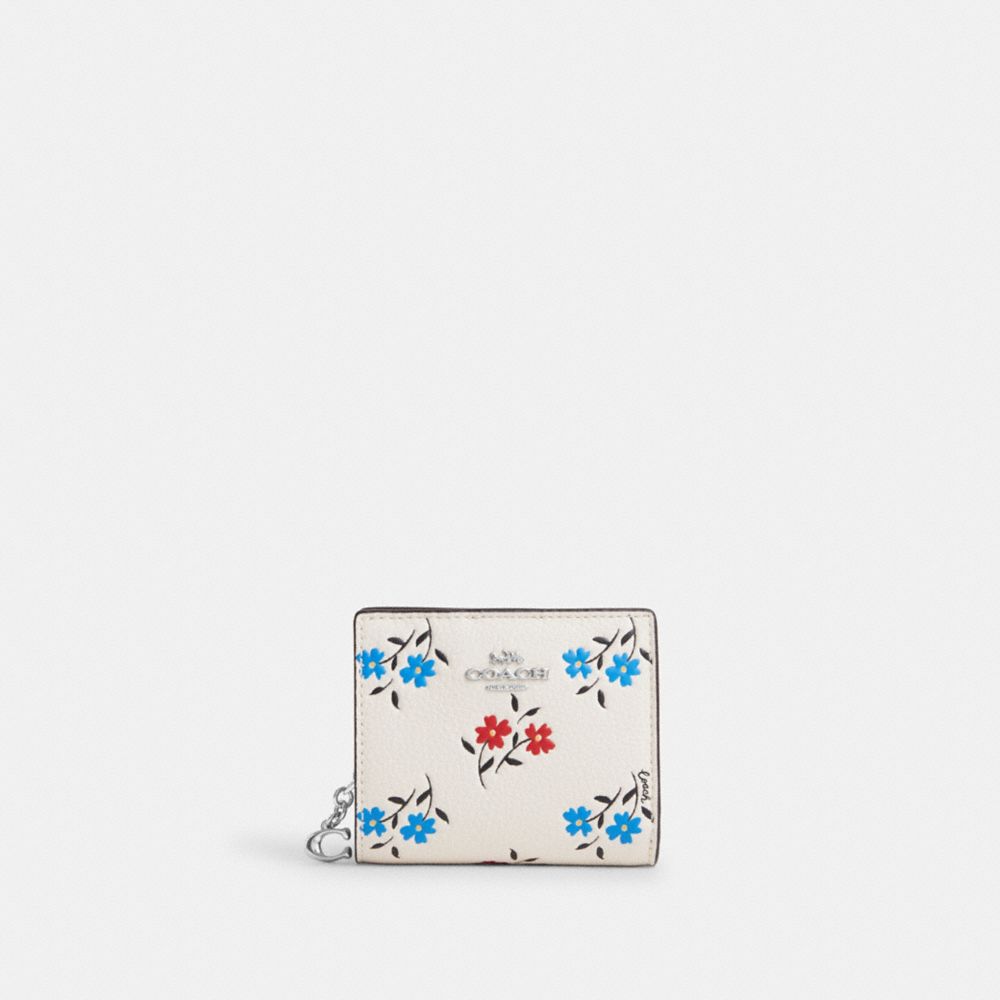 COACH®,SNAP WALLET WITH FLORAL PRINT,Novelty Leather,Silver/Chalk Multi,Front View