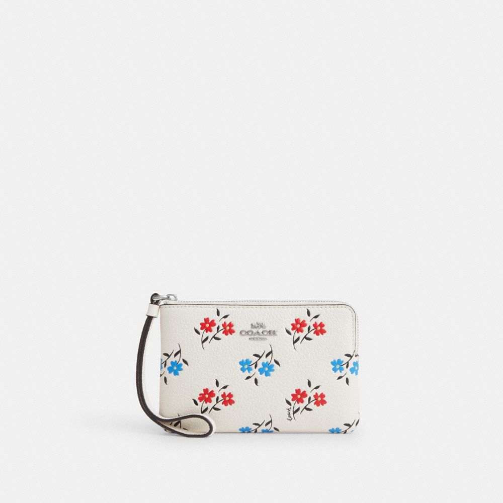 COACH®,CORNER ZIP WRISTLET WITH FLORAL PRINT,Novelty Leather,Mini,Silver/Chalk Multi,Front View