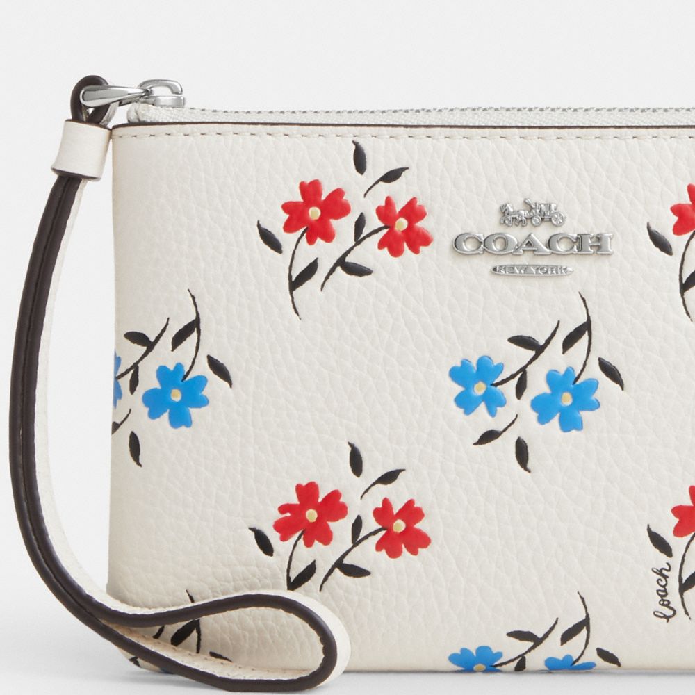 COACH®,Corner Zip Wristlet With Floral Print,Leather,Pouch,Wristlet,Metal,Logo,Casual,Cream