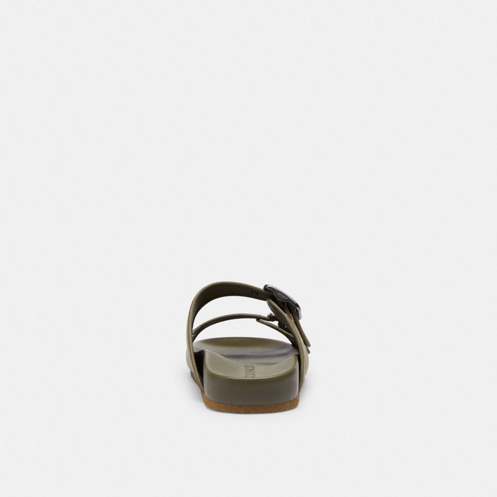 COACH®,Buckle Strap Sandal,Suede,Velvet,Leather,Rubber,Lining Leather,Slides,Belt,Leather Embellishment,Traction,Casual,Olive,Alternate View