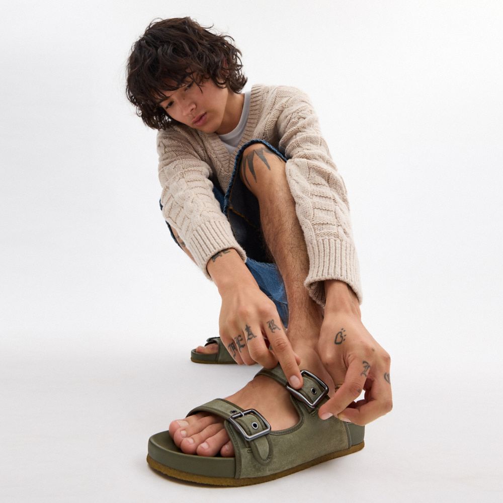 COACH®,Buckle Strap Sandal,Suede,Velvet,Leather,Rubber,Lining Leather,Slides,Belt,Leather Embellishment,Traction,Casual,Olive,Detail View