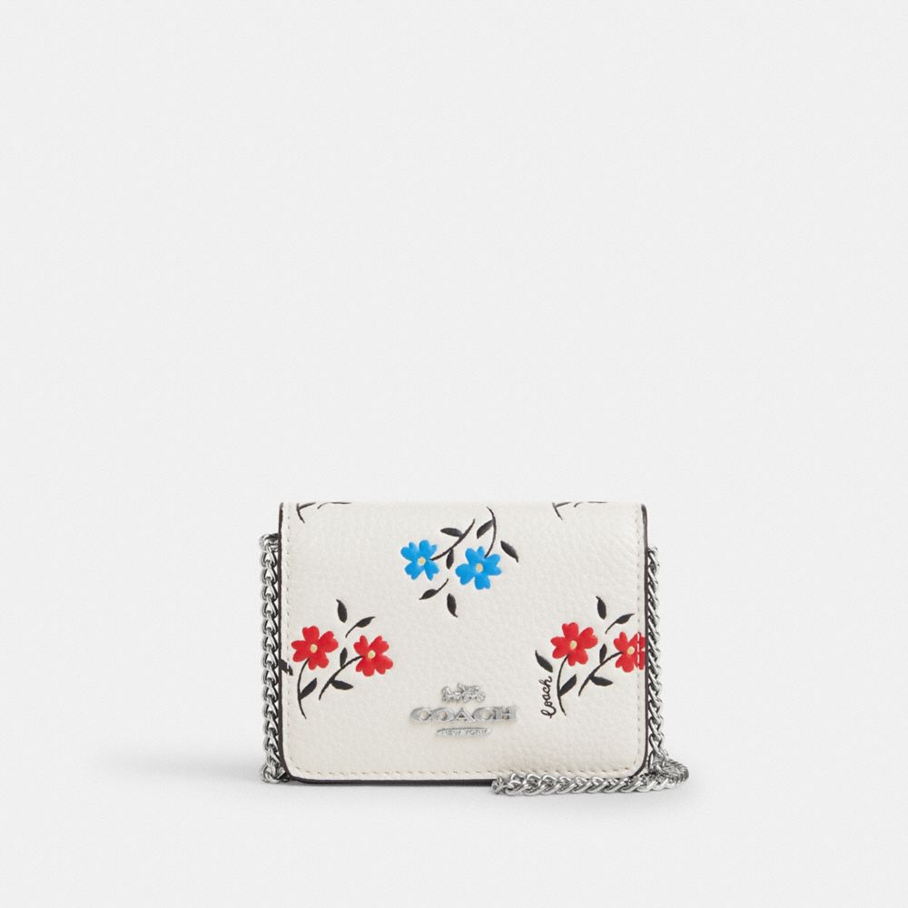 COACH®,MINI WALLET ON A CHAIN WITH FLORAL PRINT,Novelty Leather,Silver/Chalk Multi,Front View