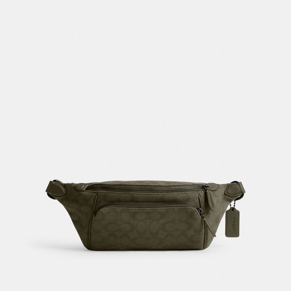 COACH®,LEAGUE BELT BAG IN SIGNATURE CANVAS JACQUARD,Medium,Army Green,Front View
