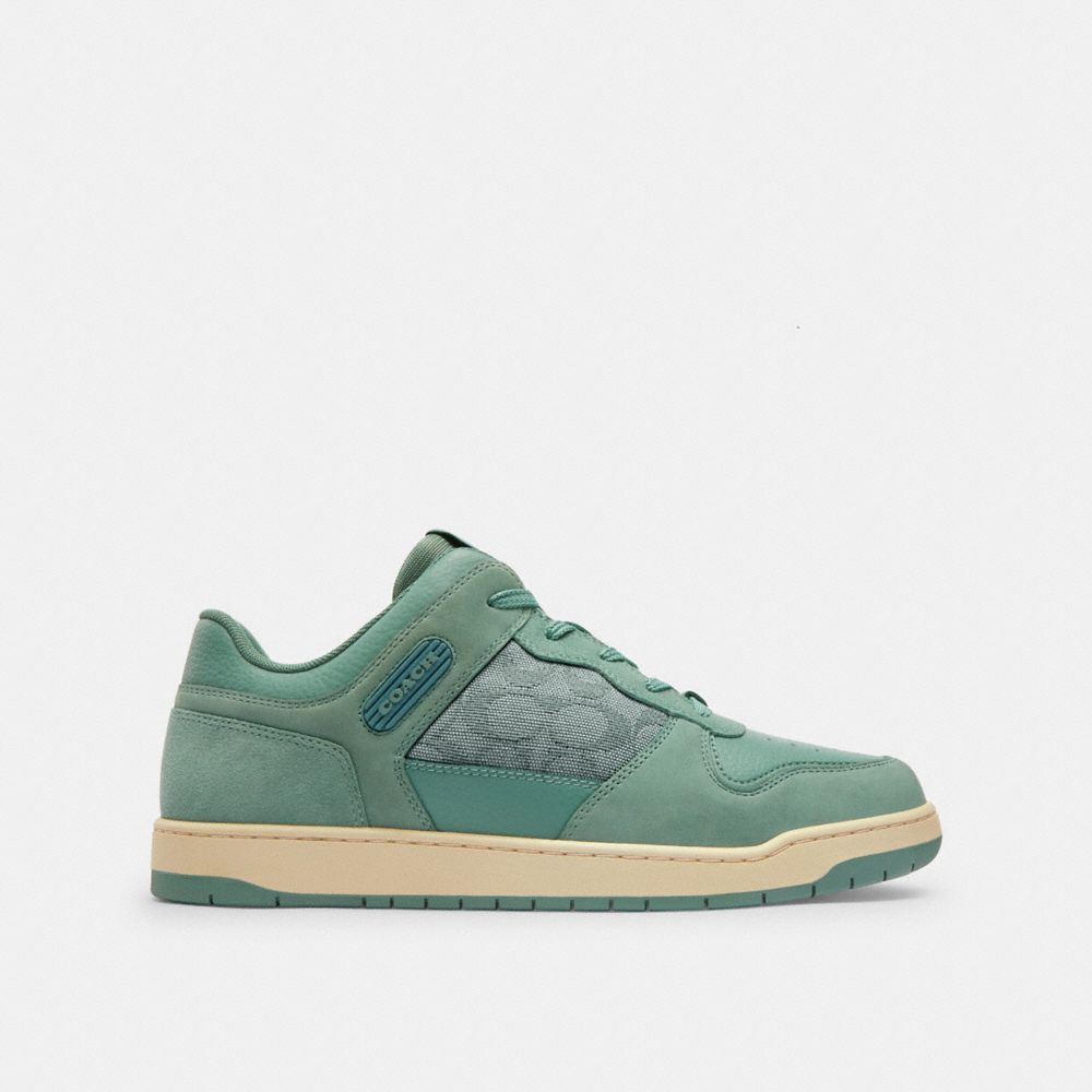 COACH®,C201 SNEAKER IN SIGNATURE CANVAS JACQUARD,Leather/Suede,Aquamarine,Angle View