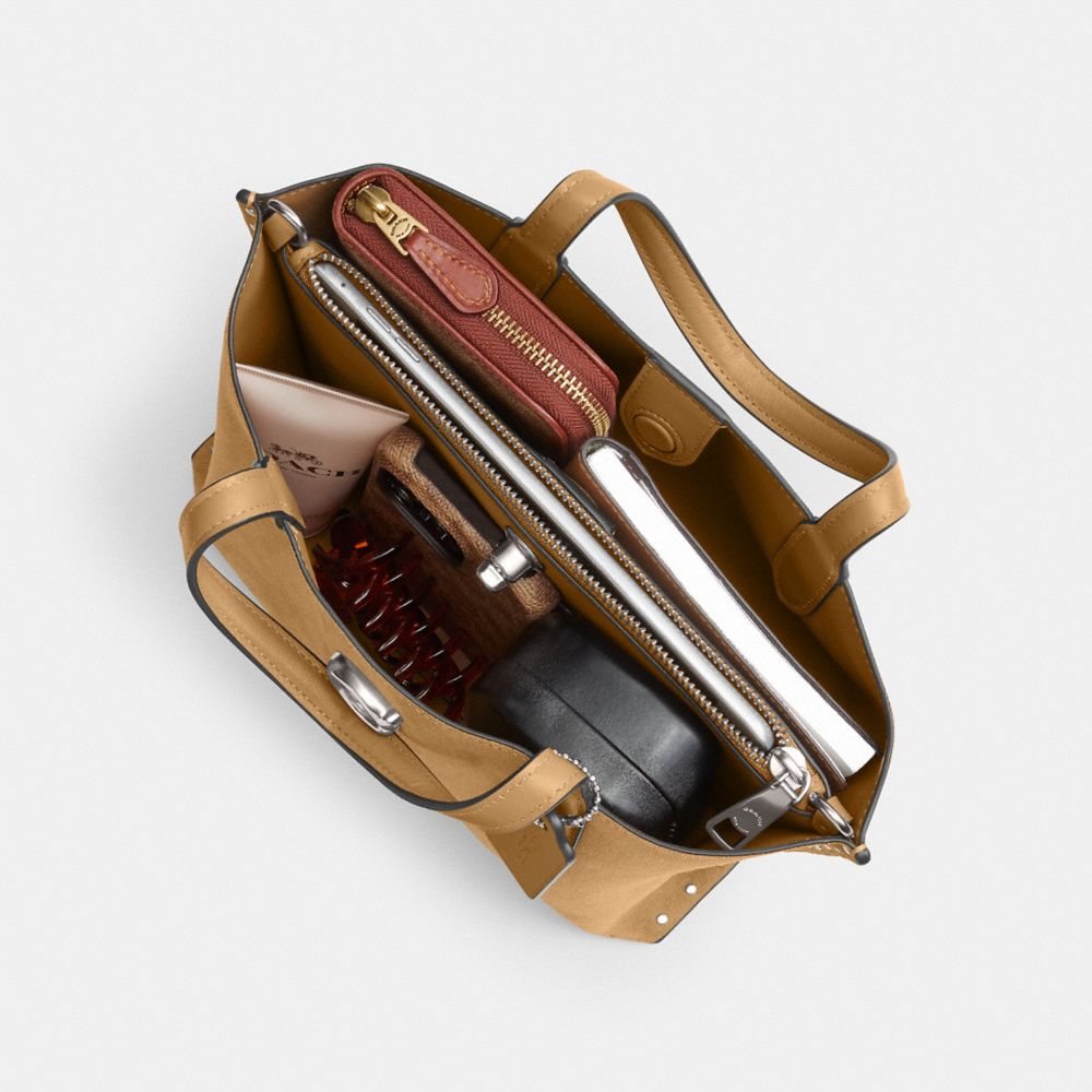 COACH®,Willow Tote Bag 24 With Rivets,Leather,Crossbody,Logo,Studded,Silver Metal,Casual,Brown,Inside View, Top View