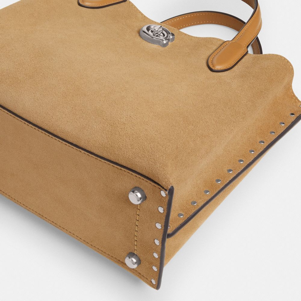 COACH®,Willow Tote Bag 24 With Rivets,Leather,Crossbody,Logo,Studded,Silver Metal,Casual,Brown,Outsole View
