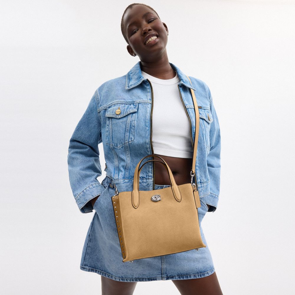 COACH®,Willow Tote Bag 24 With Rivets,Leather,Crossbody,Logo,Studded,Silver Metal,Casual,Brown