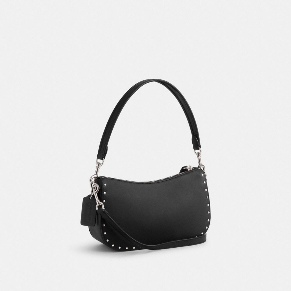 COACH®,Swinger Bag With Rivets,Leather,Shoulder Bag,Logo,Studded,Silver Metal,Day Party,Black,Angle View