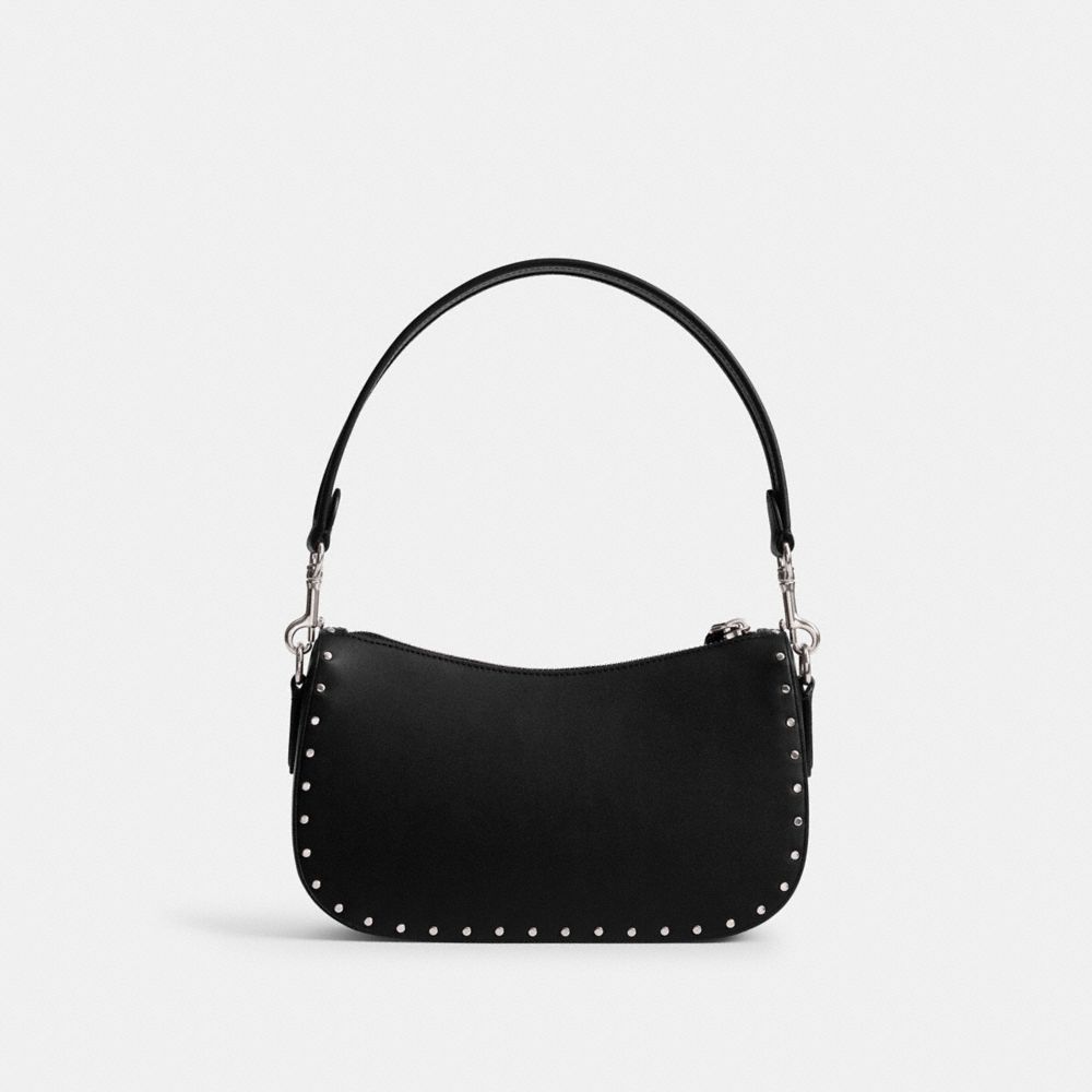 COACH®,Swinger Bag With Rivets,Leather,Shoulder Bag,Logo,Studded,Silver Metal,Day Party,Black,Back View