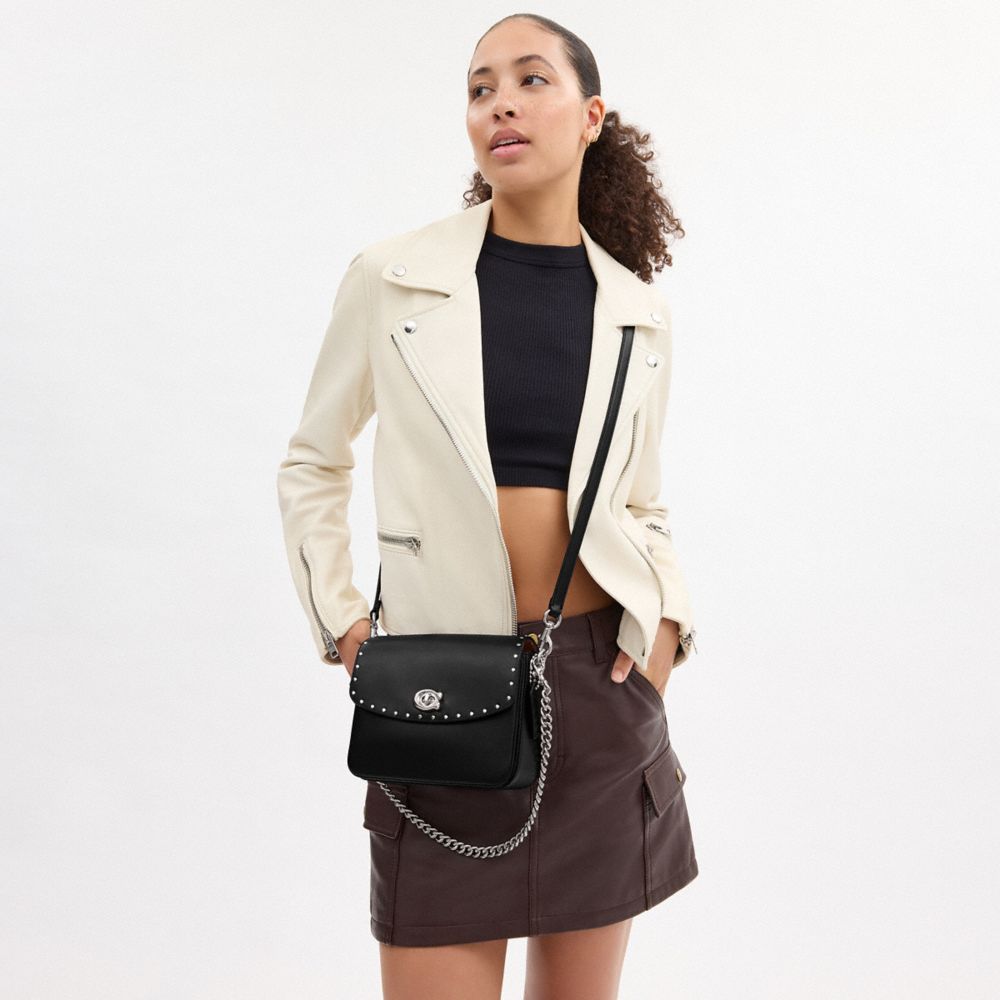 COACH®,Cassie Crossbody Bag 19 With Rivets,Leather,Crossbody,Logo,Studded,Compact,Silver Metal,Day Party,Black