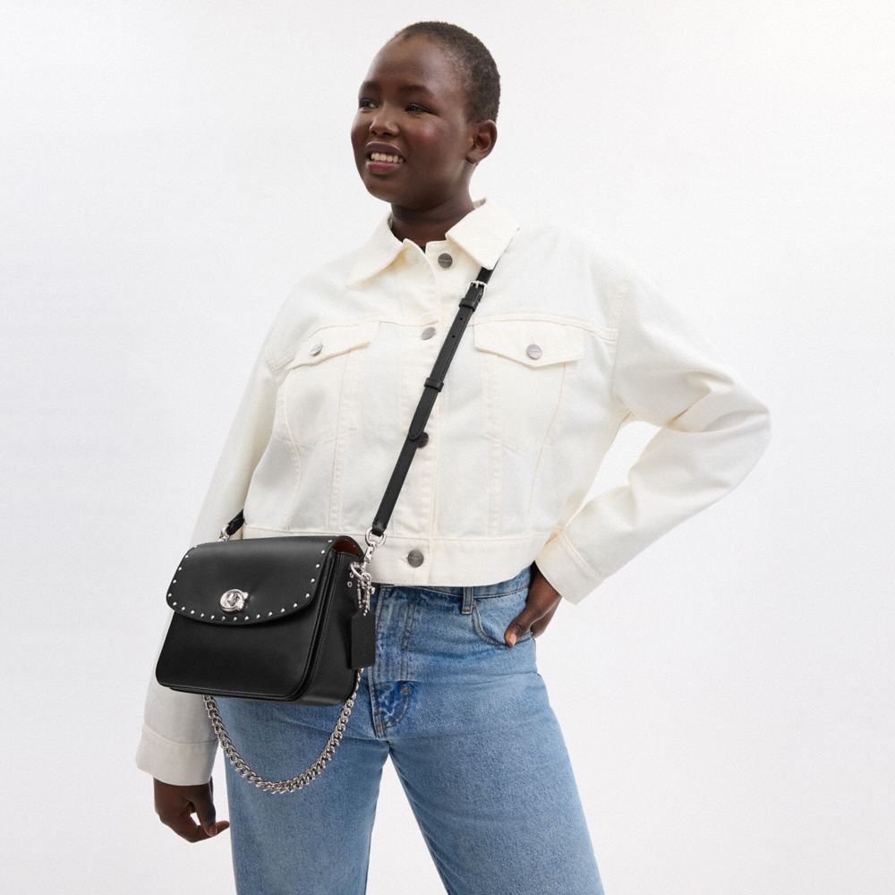 COACH®,Cassie Crossbody Bag 19 With Rivets,Leather,Crossbody,Logo,Studded,Compact,Silver Metal,Day Party,Black