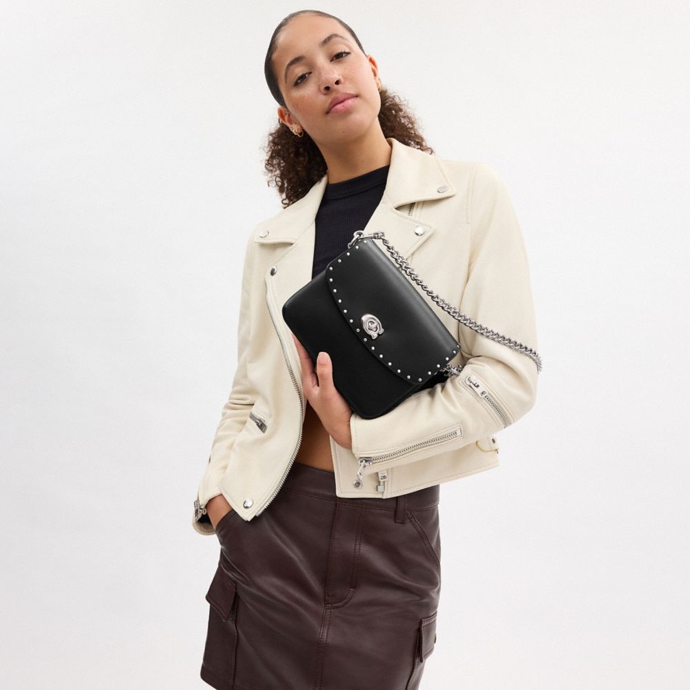 COACH®,Cassie Crossbody Bag 19 With Rivets,Leather,Crossbody,Logo,Studded,Compact,Silver Metal,Day Party,Black,Detail View