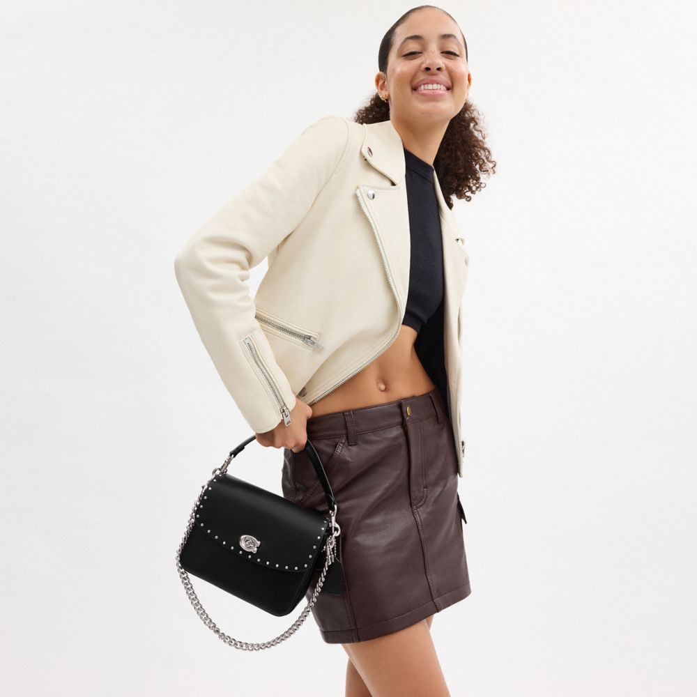 COACH®,Cassie Crossbody Bag 19 With Rivets,Leather,Crossbody,Logo,Studded,Compact,Silver Metal,Day Party,Black,Detail View