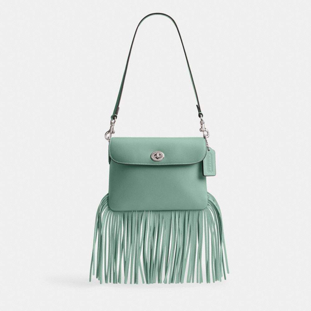 COACH®,1964 FRINGE BAG,Glovetanned Leather,Mini,Silver/Aquamarine,Front View