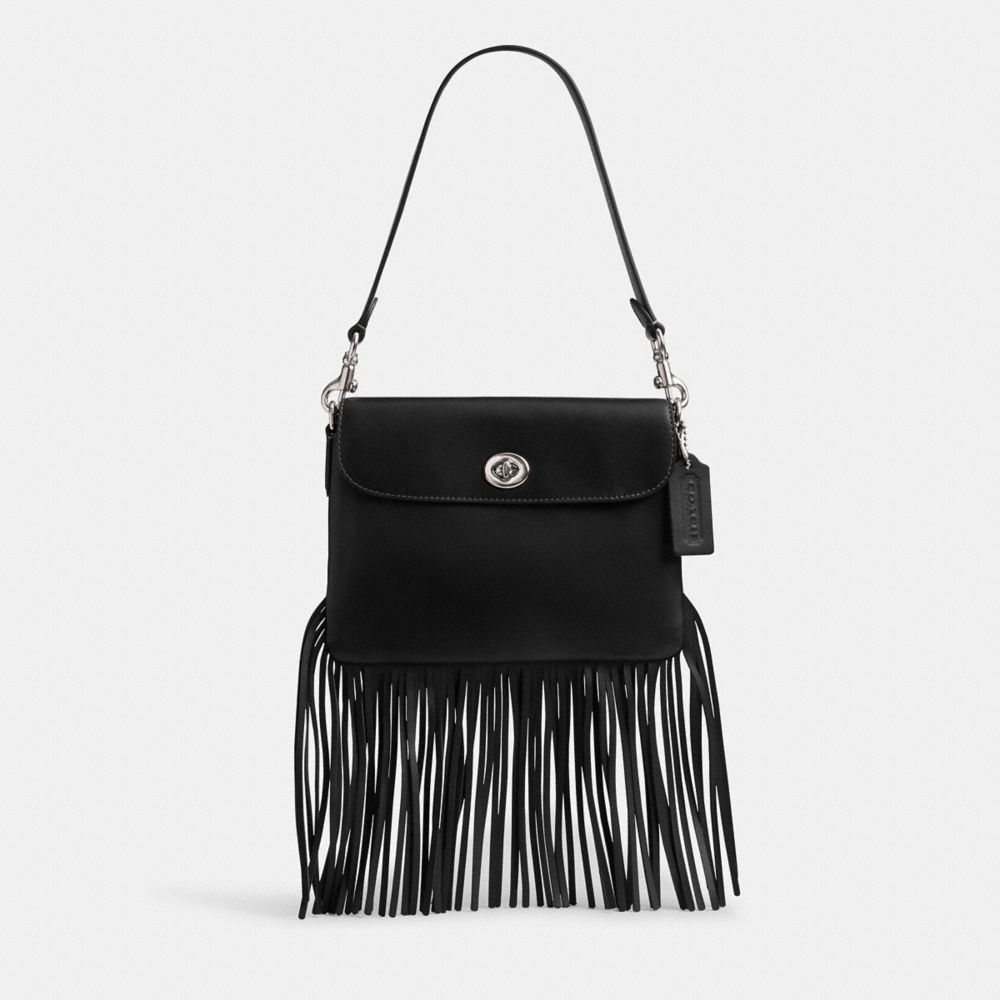 COACH®,1964 FRINGE BAG,Glovetanned Leather,Mini,Silver/Black,Front View