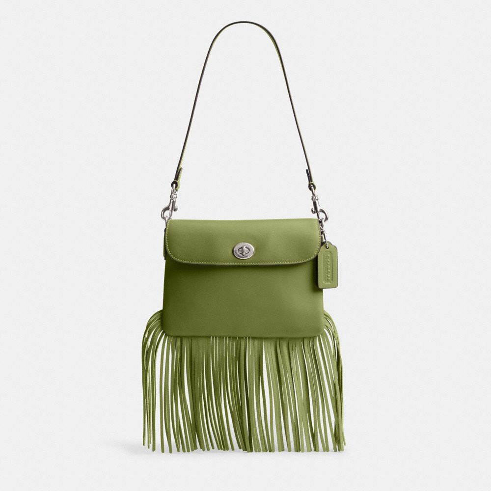 COACH®,1964 FRINGE BAG,Glovetanned Leather,Mini,Silver/Dark Lime,Front View