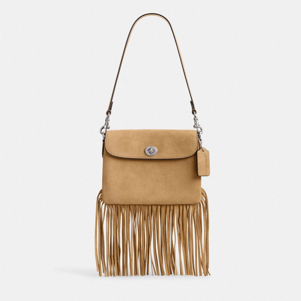 COACH®,1964 FRINGE BAG,Suede,Mini,Silver/Peanut,Front View