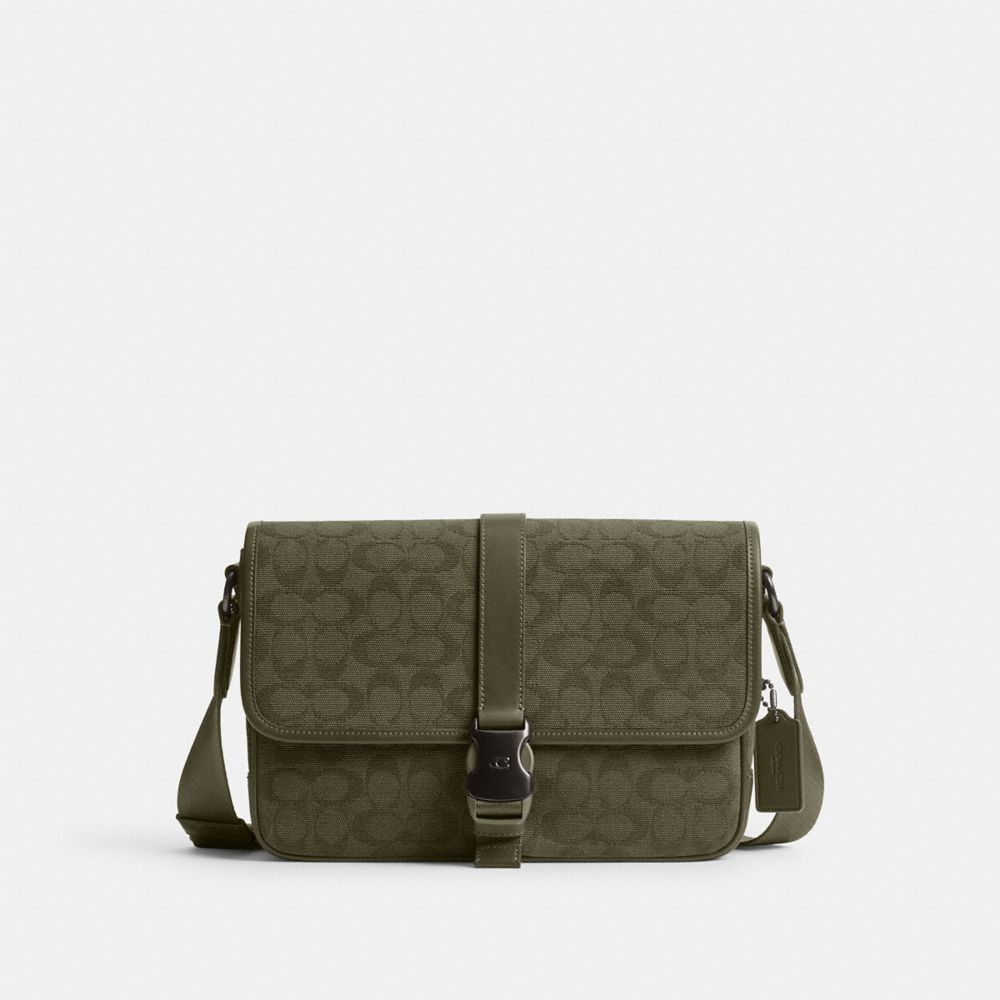COACH®,LEAGUE MESSENGER BAG IN SIGNATURE CANVAS JACQUARD,Medium,Army Green,Front View