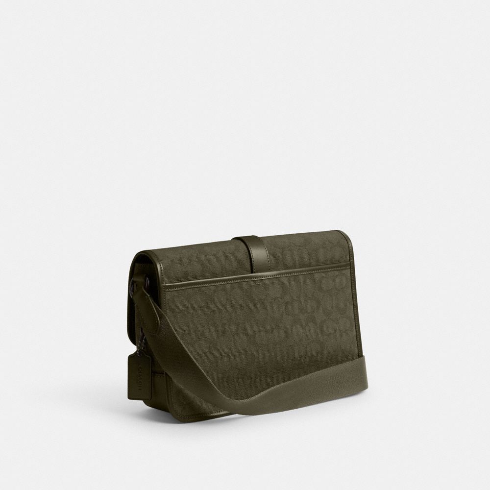 COACH®,LEAGUE MESSENGER BAG IN SIGNATURE CANVAS JACQUARD,Medium,Army Green,Angle View