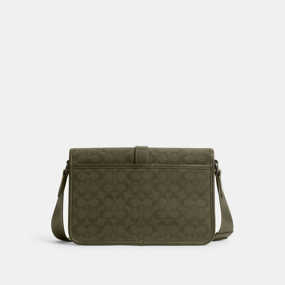 COACH®,League Messenger Bag In Signature Canvas Jacquard,Canvas,Leather,Cotton,Crossbody,Leather Embellishment,Casual,Green,Back View