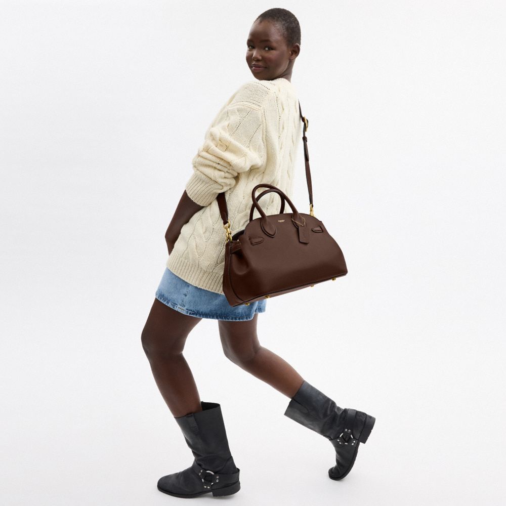 COACH®,Empire Carryall Bag 35,Leather,Satchel,Logo,Word Embellishment,Lined,Adjustable,Gold Metal,Work,Brown,Detail View