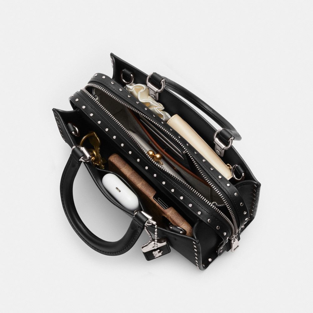 COACH®,Rogue Bag 26 With Rivets,Leather,Crossbody,Logo,Metal,Studded,Compact,Silver Metal,Day Party,Black,Inside View, Top View
