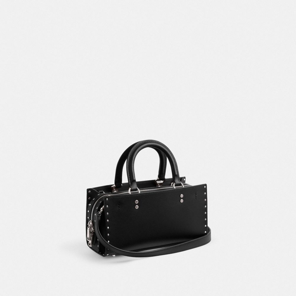 COACH®,Rogue Bag 26 With Rivets,Leather,Crossbody,Logo,Metal,Studded,Compact,Silver Metal,Day Party,Black,Angle View
