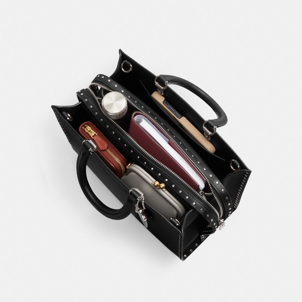 COACH®,Rogue Bag With Rivets,Leather,Tote,Logo,Metal,Studded,Silver Metal,Work,Black,Inside View, Top View