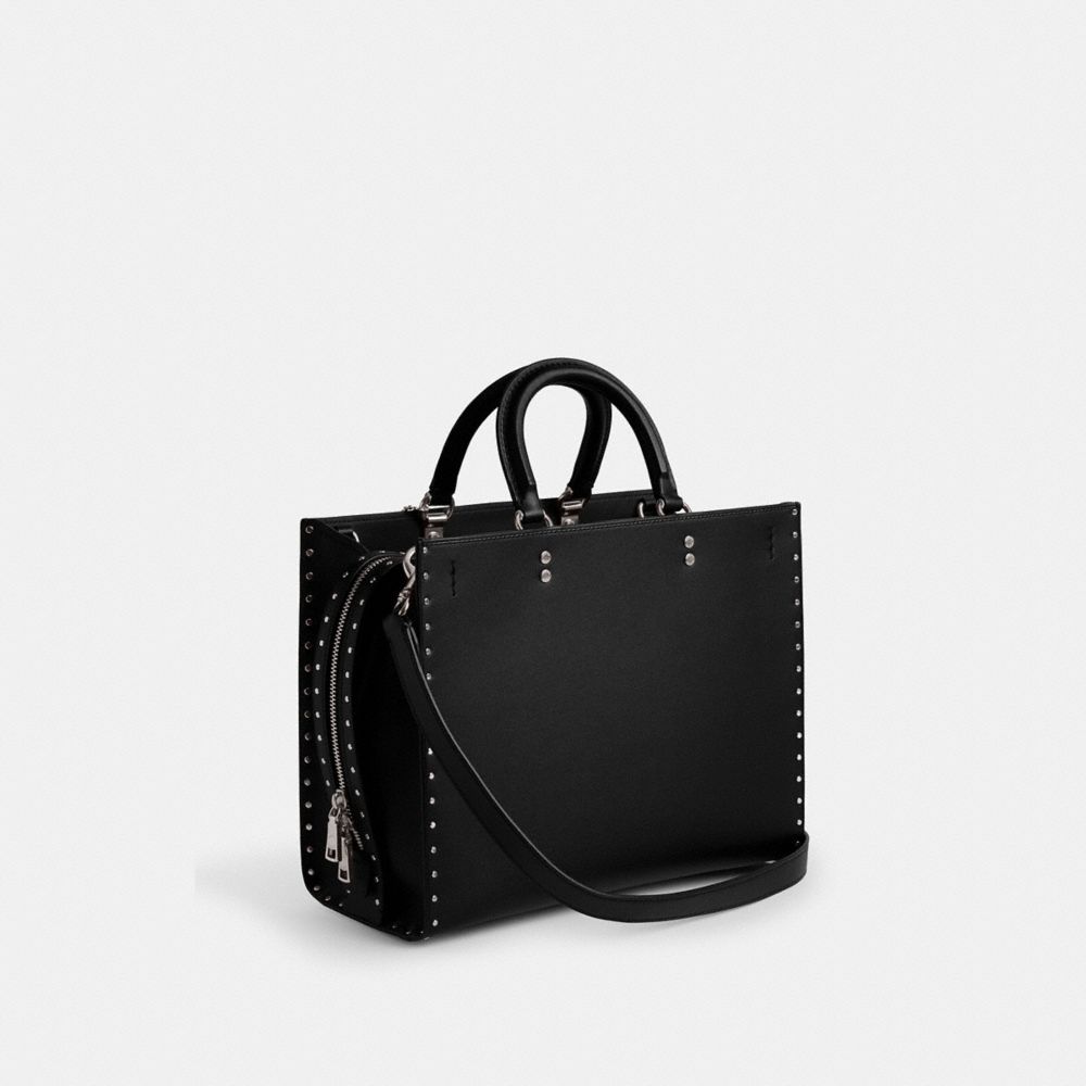 COACH®,Rogue Bag With Rivets,Leather,Tote,Logo,Metal,Studded,Silver Metal,Work,Black,Angle View