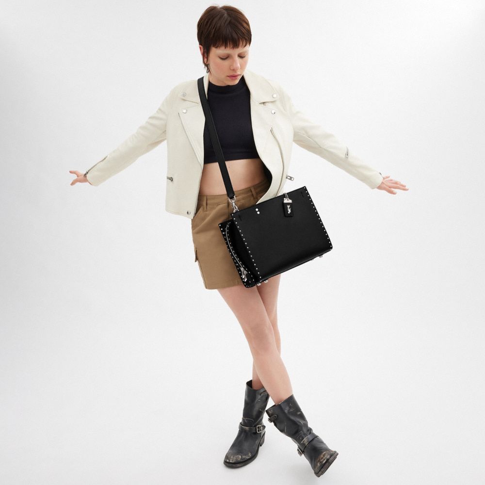 COACH®,Rogue Bag With Rivets,Leather,Tote,Logo,Metal,Studded,Silver Metal,Work,Black