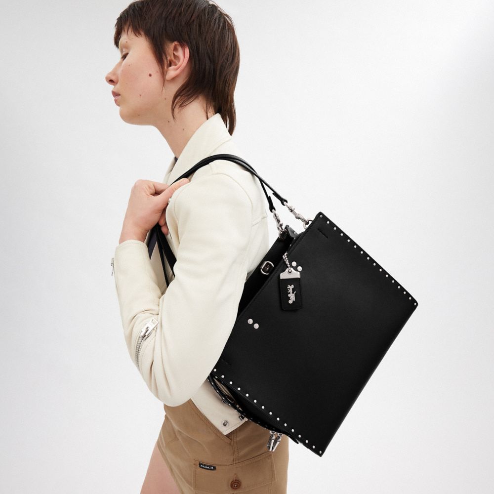 COACH®,Rogue Bag With Rivets,Leather,Tote,Logo,Metal,Studded,Silver Metal,Work,Black,Detail View