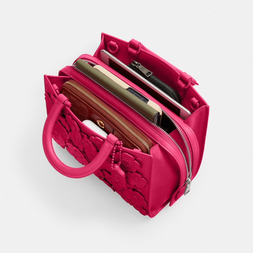 COACH®,Rogue Bag 25 With Tea Rose,Leather,Lining Leather,Crossbody,Applique,Studded,Day Party,Pink,Inside View, Top View