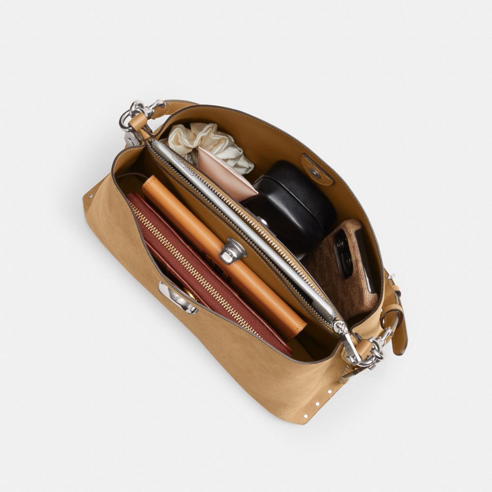 COACH®,Willow Shoulder Bag With Rivets,Leather,Bucket,Logo,Studded,Silver Metal,Casual,Brown,Inside View, Top View
