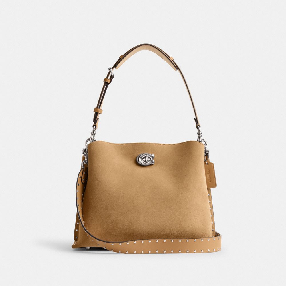 COACH®,Willow Shoulder Bag With Rivets,Leather,Bucket,Logo,Studded,Silver Metal,Casual,Brown,Front View